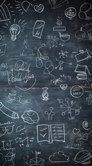 School icons against composite image of black board Composite image of black board against wooden planks. AI generated illustration