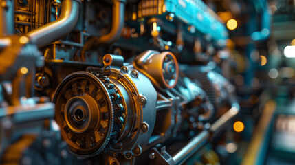 Fototapeta premium Detailed close-up of industrial engine machinery, highlighting mechanical components and intricate engineering with a blurred background.