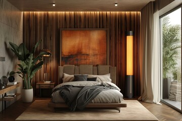 Step into the interior of a cozy bedroom in a modern design, featuring a craft floor lamp that adds a touch of elegance