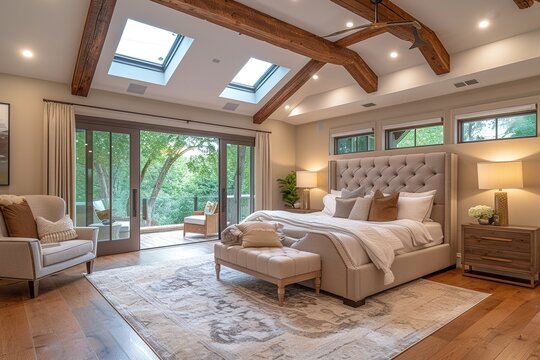 Experience the elegance of a new luxury bedroom in a home with hardwood floors, a sliding glass door