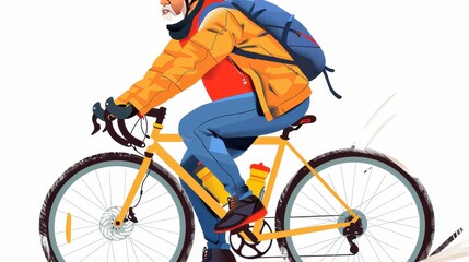 Obraz premium This colorful illustration depicts a joyful cyclist enjoying a brisk ride amidst falling autumn leaves and a cool atmosphere