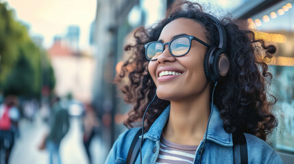 Close-up photo of a young smiling female student wearing headphones and glasses standing outside in the city and looking away
