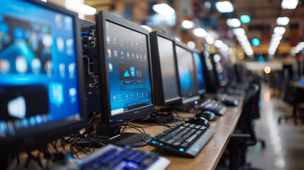 Several desktop computers arranged in a row in a busy office environment, highlighting a modern workspace setup.