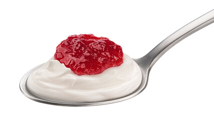 Spoon of yogurt with berry jam isolated on white background