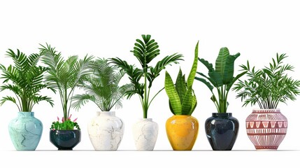 Various tropical houseplants in colorful pots displayed on a white shelf with a minimalist aesthetic