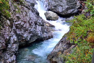 秋の峡谷を流れる急流と紅葉