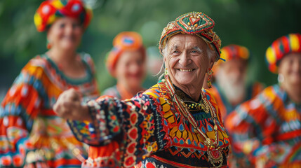 Obraz premium An elderly woman joyfully dances in a colorful traditional costume, celebrating cultural heritage with other dressed performers in the background.