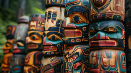 Obraz premium Close-up of intricately carved traditional totem poles set against a lush forest backdrop, representing indigenous art and culture.