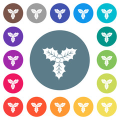 Christmas holly with berries flat white icons on round color backgrounds