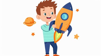 Animated boy with a large smile holds a toy space rocket, with a planet and stars