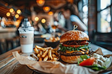 A burger and fries are on a plate in front of a cup of coffee. The burger is large and has a bun, while the fries are golden and crispy
