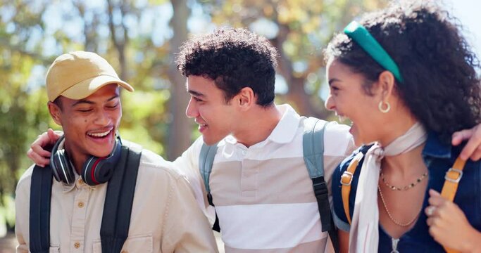Friends, laughing and walking together on campus, support and ready for learning at college. People, students and speaking for back to school, scholarship and communication for education academy