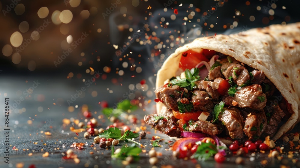 Wall mural Hot and Fresh Grilled Shawarma Sandwich with Flying Ingredients and Spices - Ready to Serve and Eat - Commercial Food Advertisement