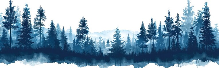 Silhouetted Spruce & Fir Trees in Blue Landscape - Vector Forest Illustration Banner