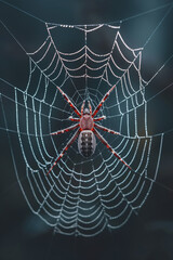 A spider sits patiently in the center of its web, the delicate strands glistening with morning dew