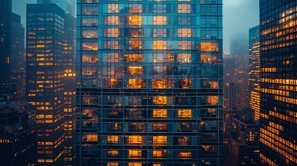Obraz premium Skyscraper at dusk with illuminated windows. High-rise building with glowing lights, symbolizing urban life and evening activities in a bustling city. Perfect for real estate, business