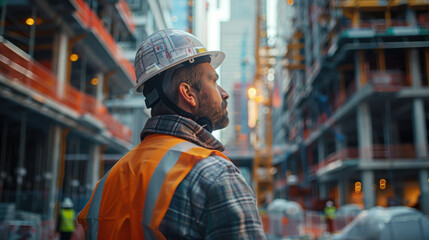 Obraz premium Male construction worker in safety gear and hard hat observing a construction site with buildings and cranes.