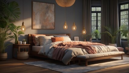 Romantic bedroom with large bed
