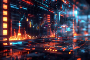 Obraz premium Futuristic financial dashboard with data visualization. Ideal for illustrating finance, technology, and analytics trends in a modern digital setting. Essential for reports and presentations.