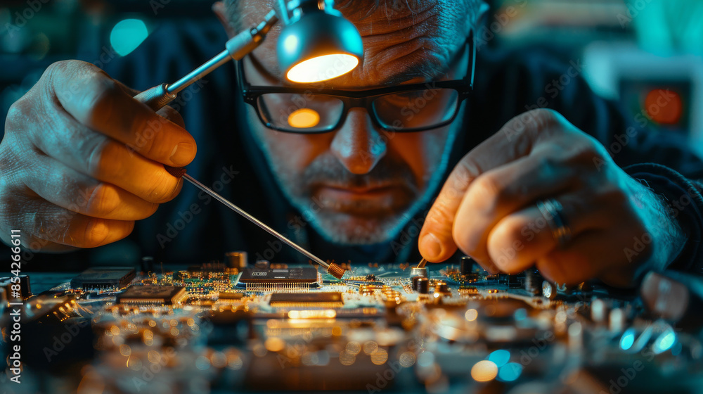 Poster a man is working on a computer chip