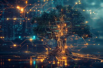 Obraz premium Intelligent technology tree in digital landscape. A fascinating blend of nature and advanced technology visualizing artificial intelligence, blockchain, and innovative solutions.