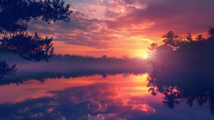 Naklejka premium Serene Sunset Over Tranquil Lake with Reflective Sky and Silhouetted Trees