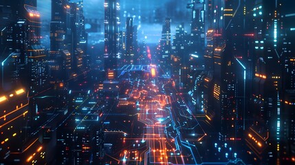 Night city Cyber punk landscape concept. Light glowing on dark scene. Night life. Technology network for 5g. Beyond generation and futuristic of Sci-Fi Capital city and building scene.