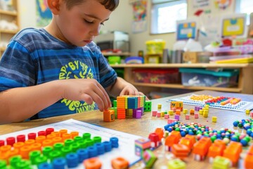 Child playing with colorful blocks on a table in a classroom