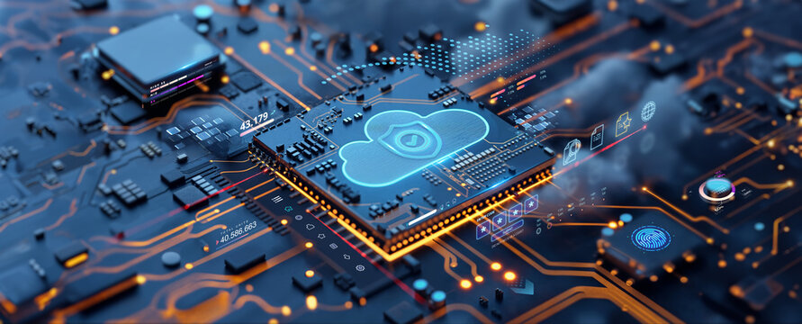 cloud computing and online personal data storage service on the web drive with secure sync and mobile connection as wide futuristic banner