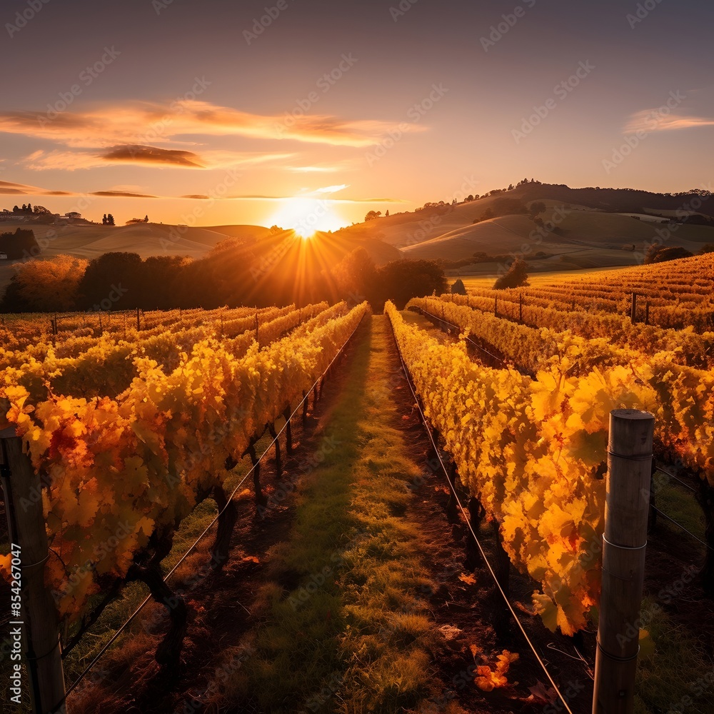 Wall mural Sunset over vineyards in Chianti, Tuscany, Italy - Wall murals