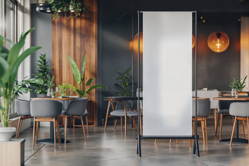 blank empty roll up mockup poster stand in an shopping center or mall environment at restaurant or cafe entrance as wide banner design with blank empty copy space