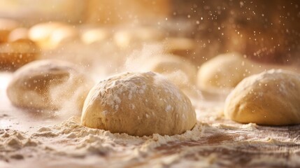 A dough is being kneaded on a table with flour on it