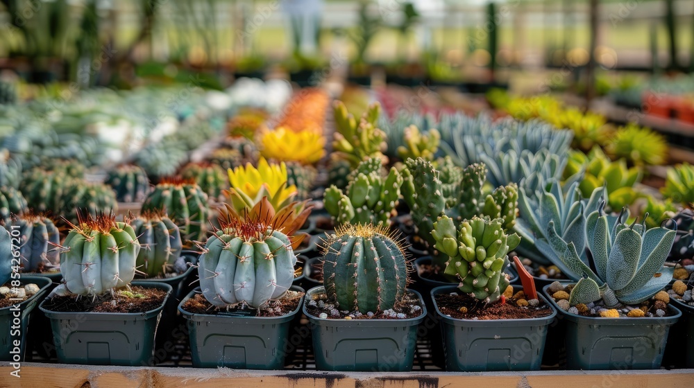 Poster a row of potted cacti and succulents are displayed in a greenhouse. the plants are of various sizes 