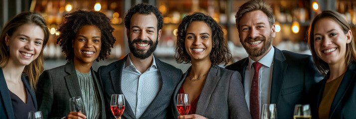 Business team celebrating in a bar. A diverse group of professionals smiling and enjoying a casual gathering with drinks. Ideal for corporate and social event promotions, team-building materials