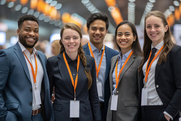 Diverse group of professionals at a corporate event. Depicts teamwork, networking, and diversity in a corporate setting. Ideal for business promotions, HR content, and event advertisements.