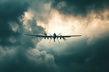 An Ai image of flying military drone at dark sky during raining.