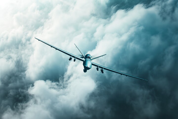 An Ai image of flying military drone at dark sky during raining.