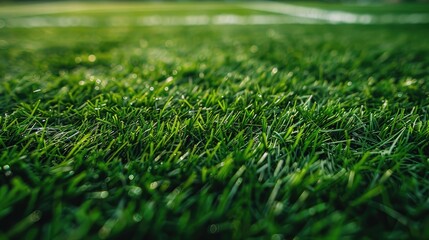 A field of green grass with a white line in the middle. The grass is lush and vibrant, and the white line adds a sense of structure to the scene