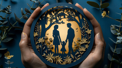 Intricate paper art depicting a family holding hands surrounded by nature, symbolizing unity, love, and togetherness.