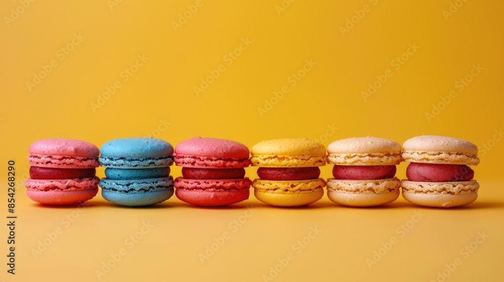 Poster a row of colorful macarons on a yellow background. the macarons are arranged in a row, with the blue