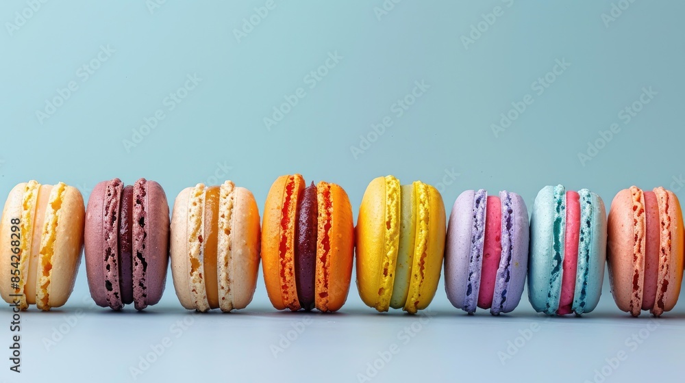 Aufkleber a row of colorful macarons are lined up on a blue background. the macarons are of different colors a