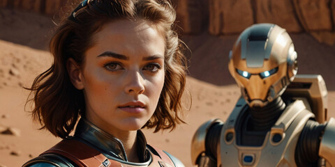 Inhabitants of Mars. Robot with glowing eyes and a girl looking at the camera. View of Mars. Simulation of an analog film.