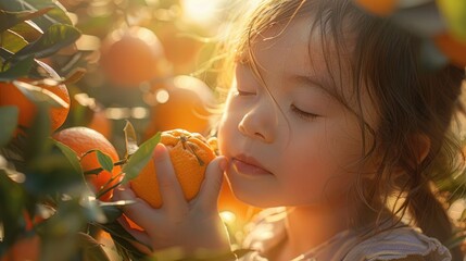 A young girl intimately engaging with the scent of a fresh citrus fruit in a sunlit grove. A young girl inhales the fresh scent of an orange amidst the warm glow of a citrus grove at sunset. AIG50