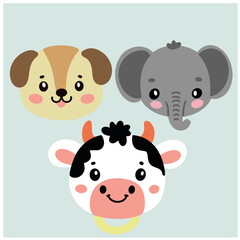 Set of vector cartoon animal head cow elephant dog illustration