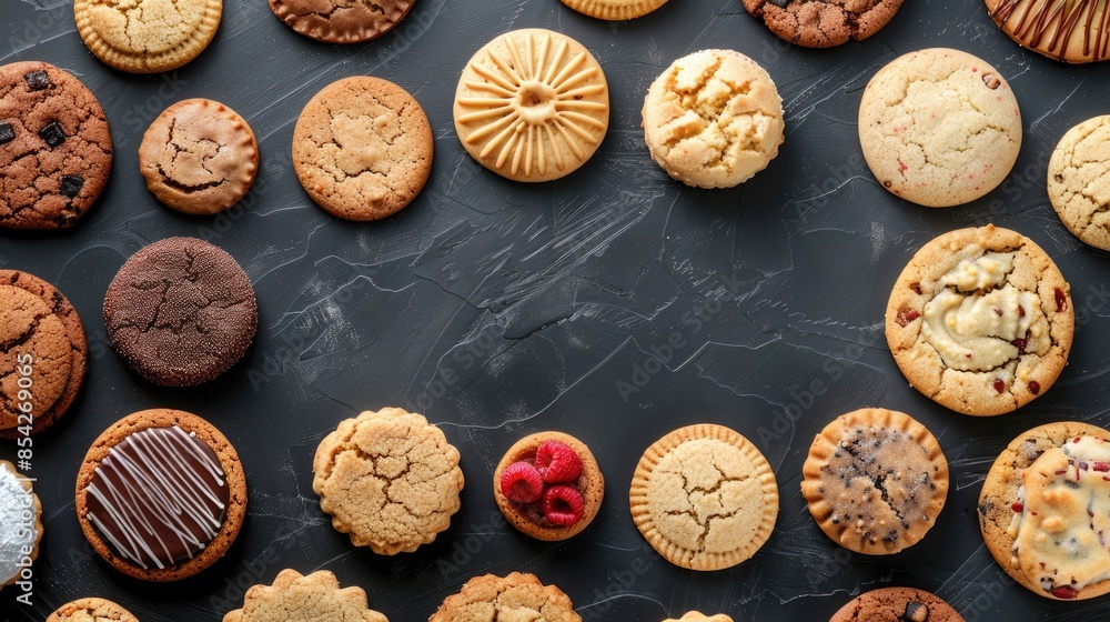 Poster a variety of cookies are displayed on a black background. the cookies are of different shapes and si