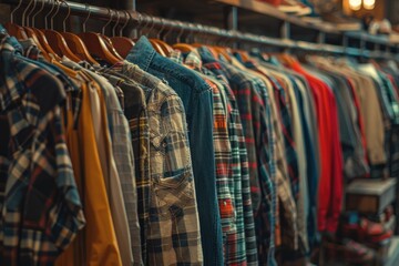 Obraz premium A rack of clothes with a yellow shirt hanging from the left side. The clothes are mostly plaid and blue