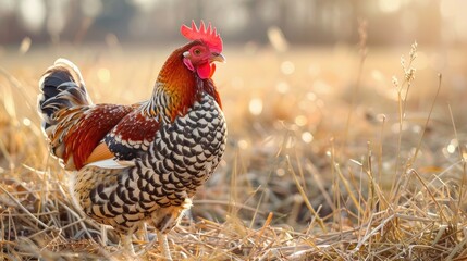 Fototapeta premium A chicken with brown black and white feathers strolling through dry grass on the farm