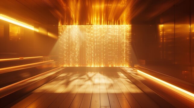 The spas sauna room is designed to resemble an electrons energetic journey with a gradual increase and decrease in temperature and light.