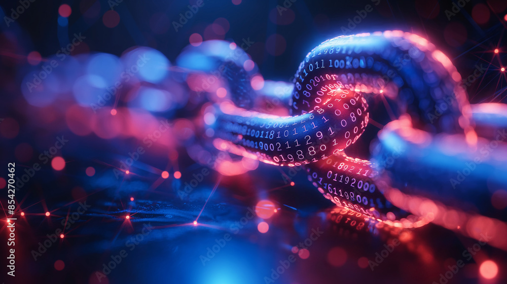 Poster a glowing digital chain link, composed of binary code, sits in a sea of red and blue lights
