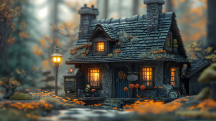 Obraz premium A small cottage with lit windows sits amidst a lush forest. Orange leaves cover the ground, creating a warm and inviting atmosphere
